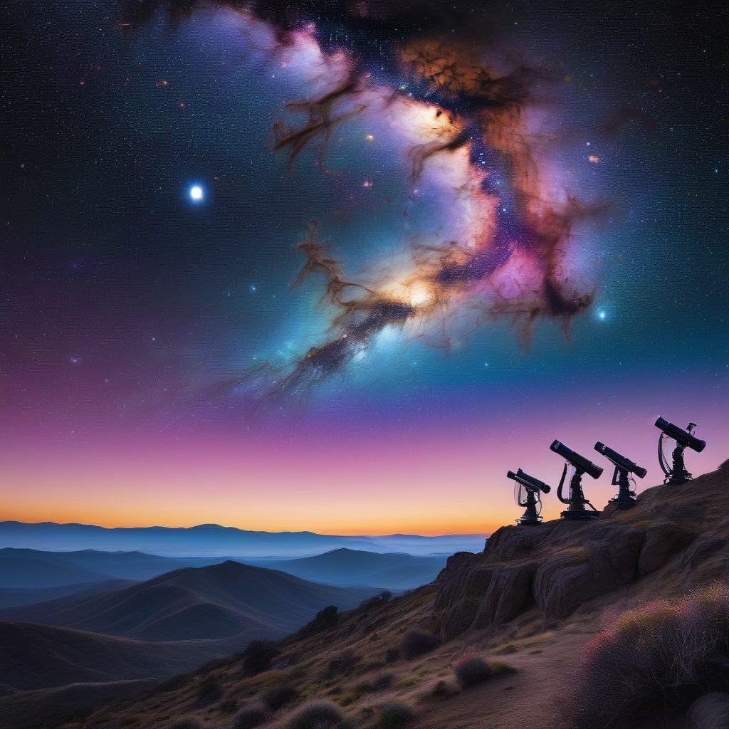 A mesmerizing night sky filled with swirling galaxies and vibrant nebulae, showcasing the birth of stars with bright, twinkling lights. Silhouettes of telescopes on a distant hill, gazing up in awe at the cosmic spectacle. Incorporate hues of deep blue, purple, and hints of gold, capturing the mysteries and wonders of deep space. cosmic art. vibrant colors. super-realistic.