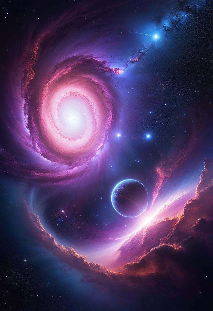 A mesmerizing cosmic scene depicting swirling celestial clouds in vibrant colors, interspersed with luminous stars and distant exoplanets orbiting their glowing suns. Capture the dynamic interaction of gas and dust, with intricate details showcasing star formation processes. Include ethereal light effects to highlight the majesty of the universe. digital art. super-realistic.