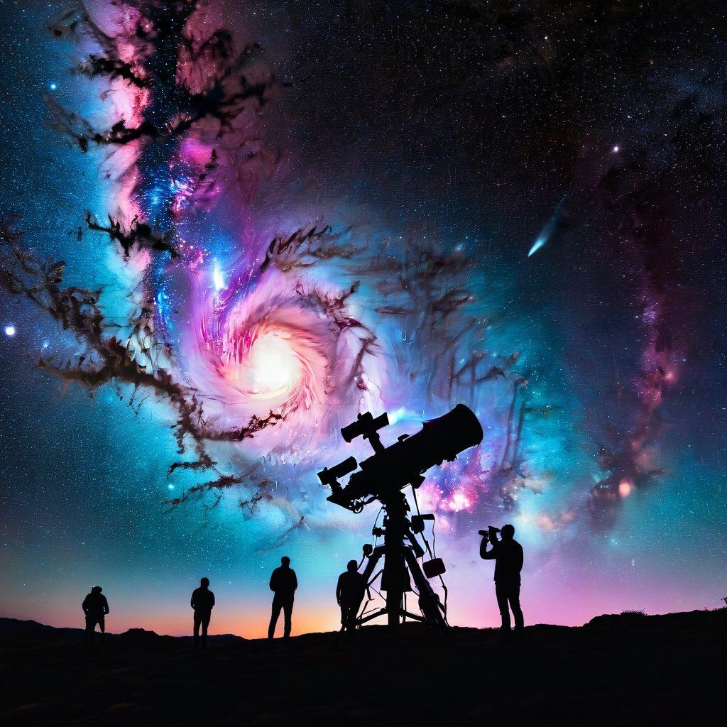 A breathtaking view of a cosmic spiral galaxy, filled with vibrant colors of blue, pink, and purple swirling together, highlighting areas of star formation. In the foreground, visualize telescope operators observing the galaxy with a sense of wonder, while starry skies stretch endlessly behind them. Include intricate details like nebulae and glowing stars, capturing the essence of the universe's mysteries. surrealistic. vibrant colors. dark background.